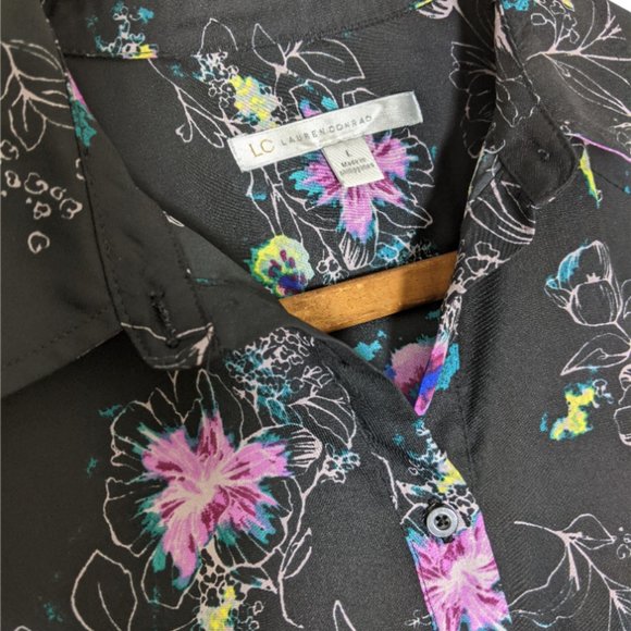 Lauren Conrad Long Button Up Blouse Floral Print on Black - Large - Picture 7 of 11